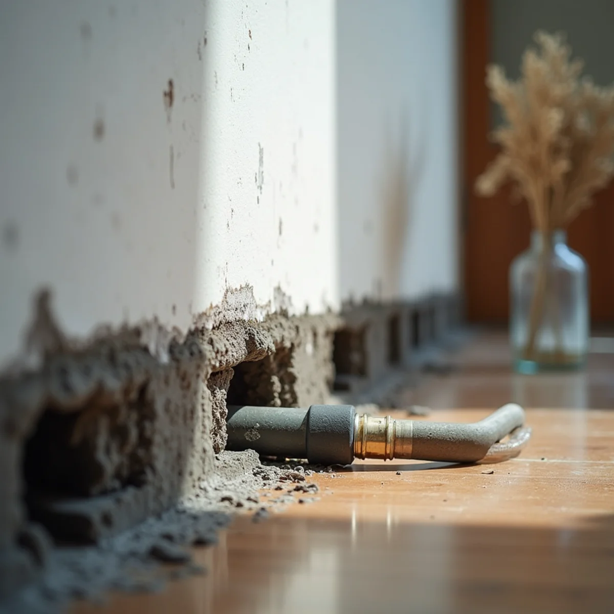 Small drilled access holes along a wall base with drying hoses injecting air into the cavity