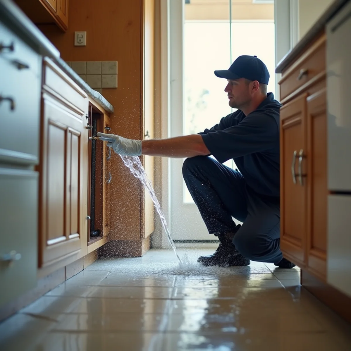 Burst pipe water damage cleanup in progress in a Whittier, CA kitchen