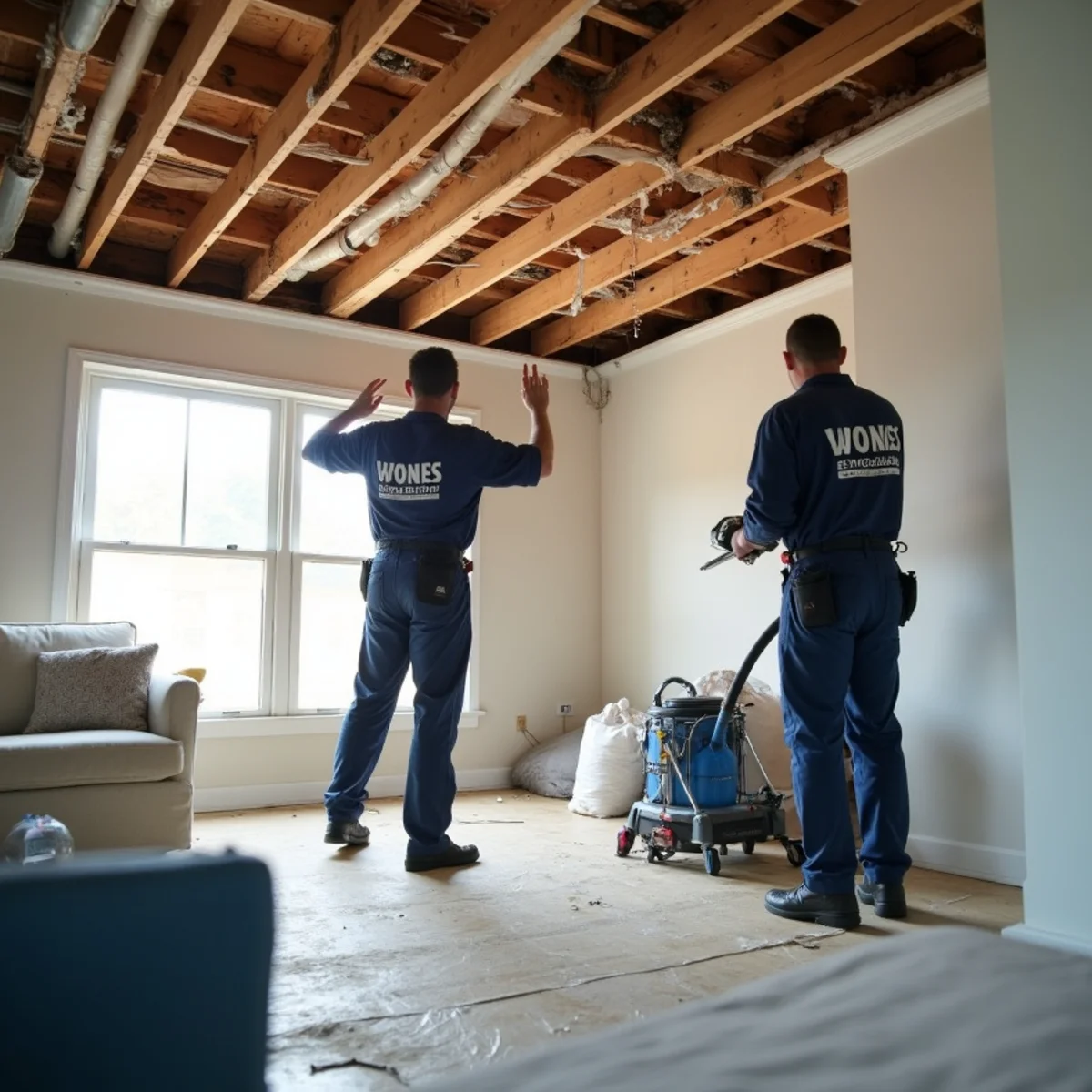 Water damaged ceiling drywall cut back to sound framing in a Whittier, CA home