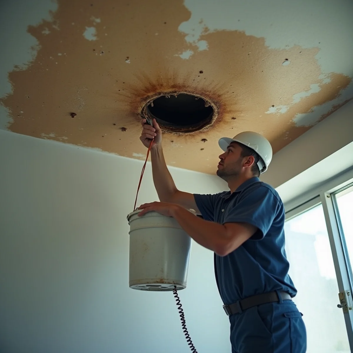 Small relief hole made at the lowest point of a bulging stained ceiling with a bucket positioned beneath catching the fl