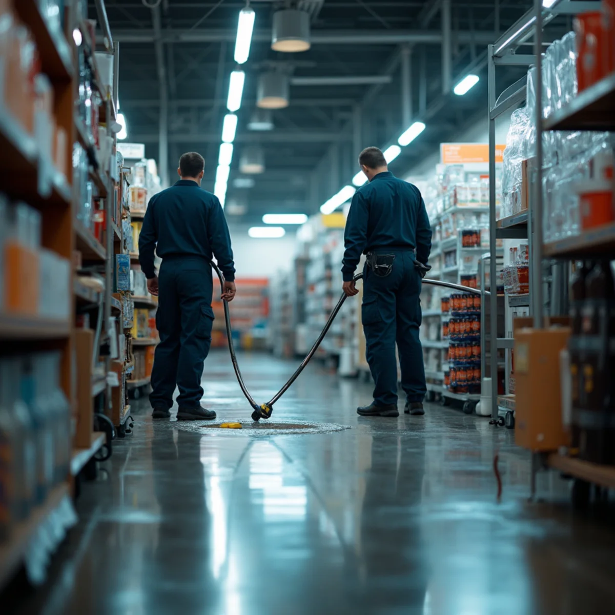 Restoration crew working in a closed retail space after hours with containment up and the sales floor beyond still merch