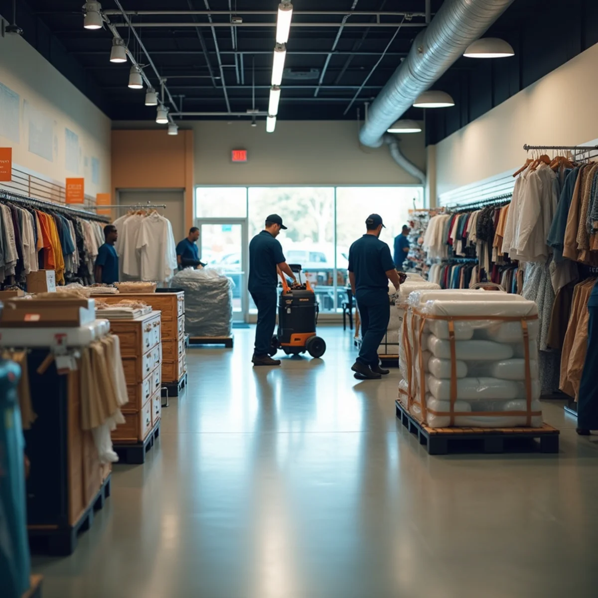 Commercial water damage restoration crew drying a Whittier, CA retail space after hours