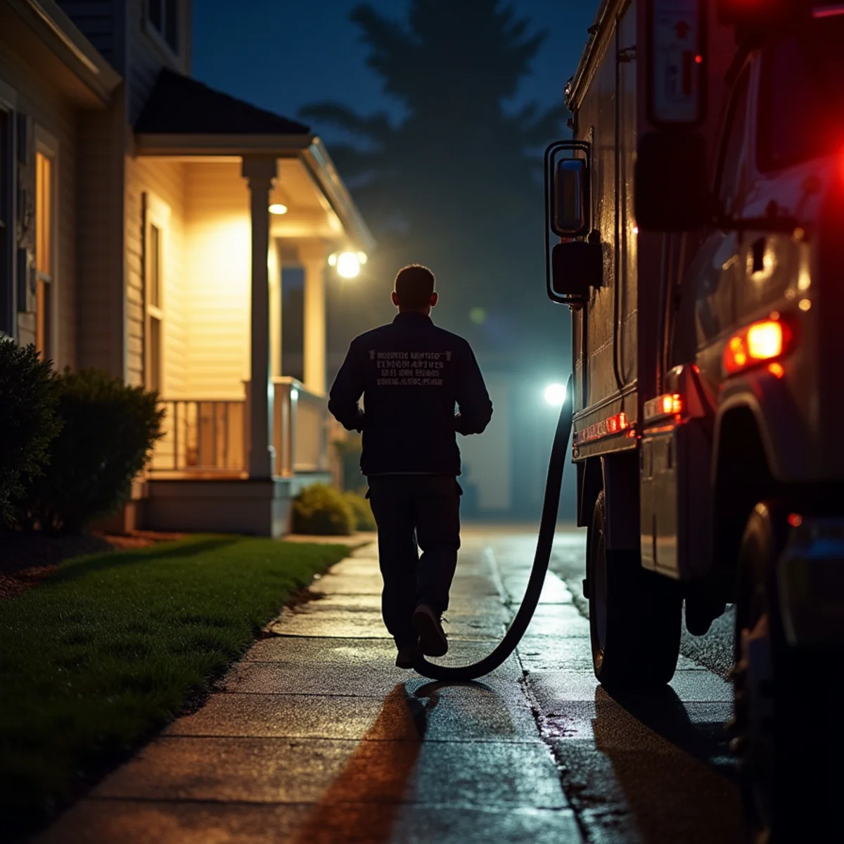 Emergency water removal crew unloading extraction equipment at a Whittier, CA home at night