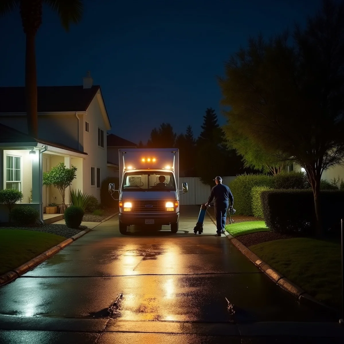 Restoration van pulling up outside a house at night with headlights on the driveway and a technician already unloading a
