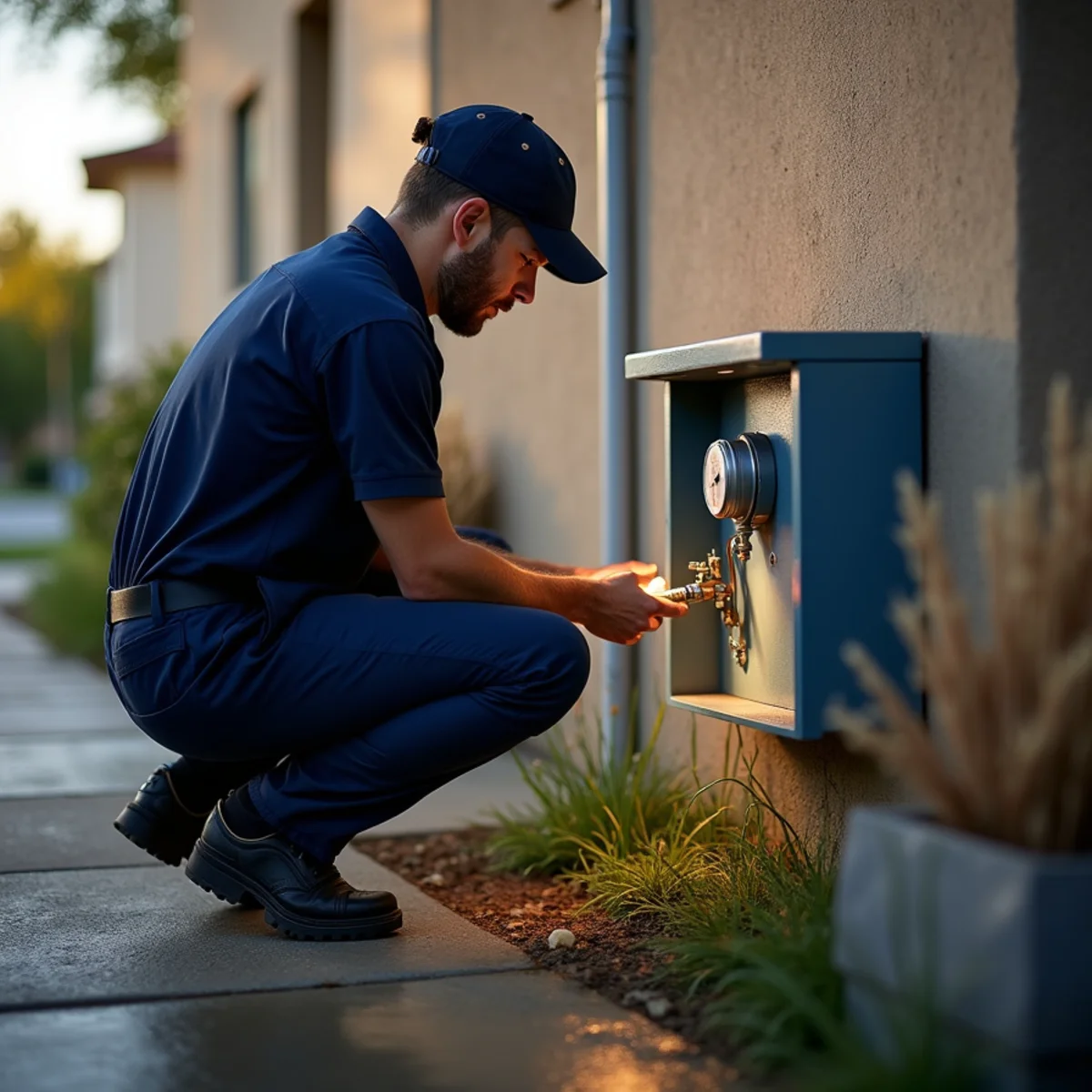 Technician closing a main water shut-off valve in a parkway meter box by torchlight