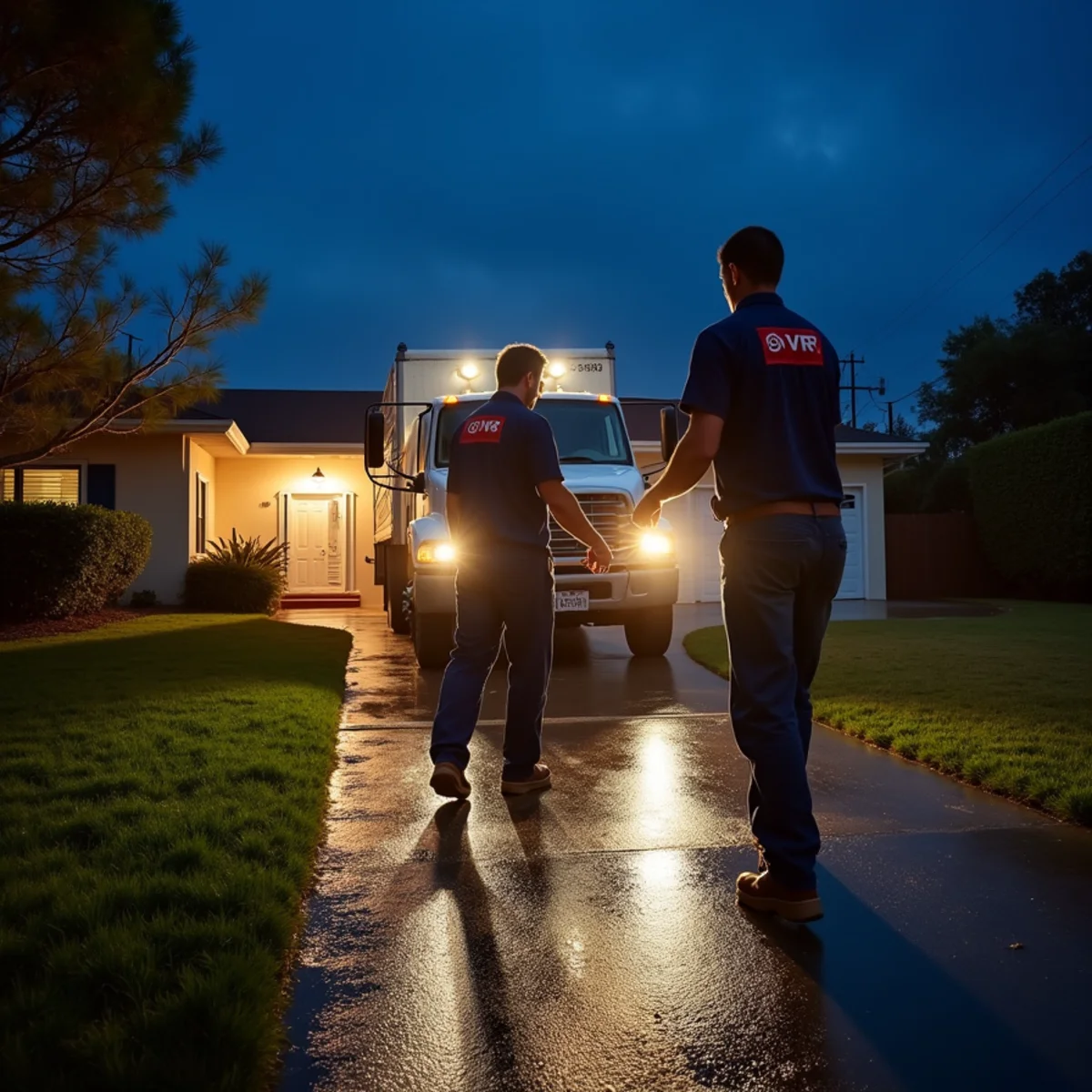 Emergency water removal crew arriving at a Whittier, CA home at night
