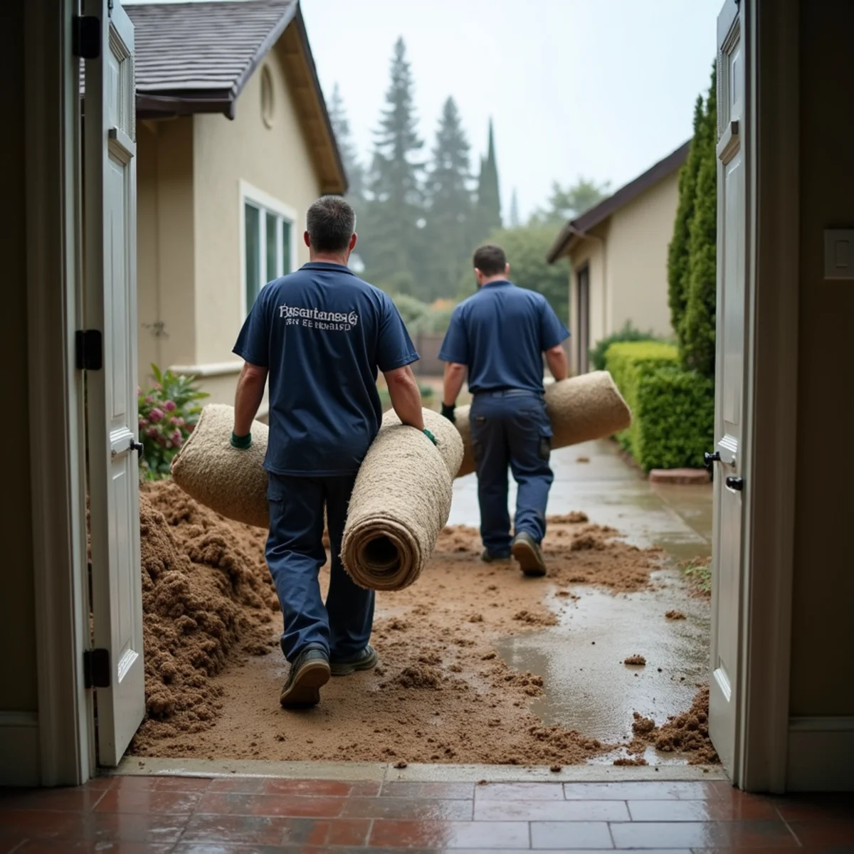 Flood cleanup crew removing soaked carpet and silt from a Whittier, CA home after a storm