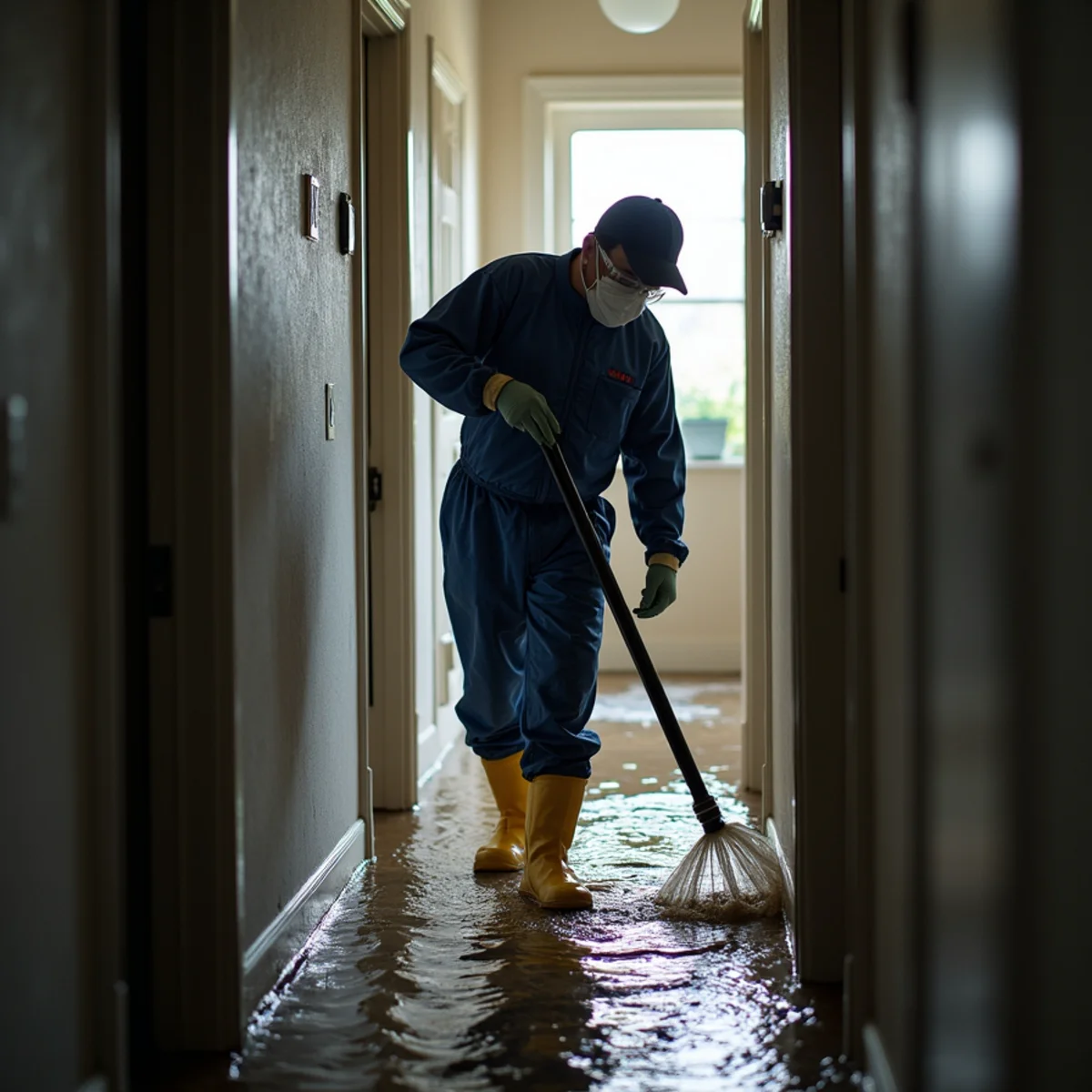 Technician in full PPE and boot covers extracting silt-laden floodwater from a residential hallway