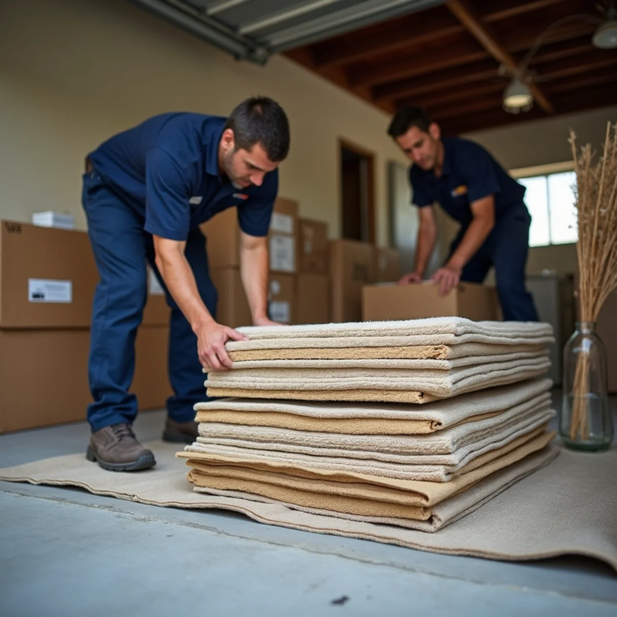 Salvageable contents being inventoried and boxed on a dry tarp while saturated carpet and padding are stacked separately