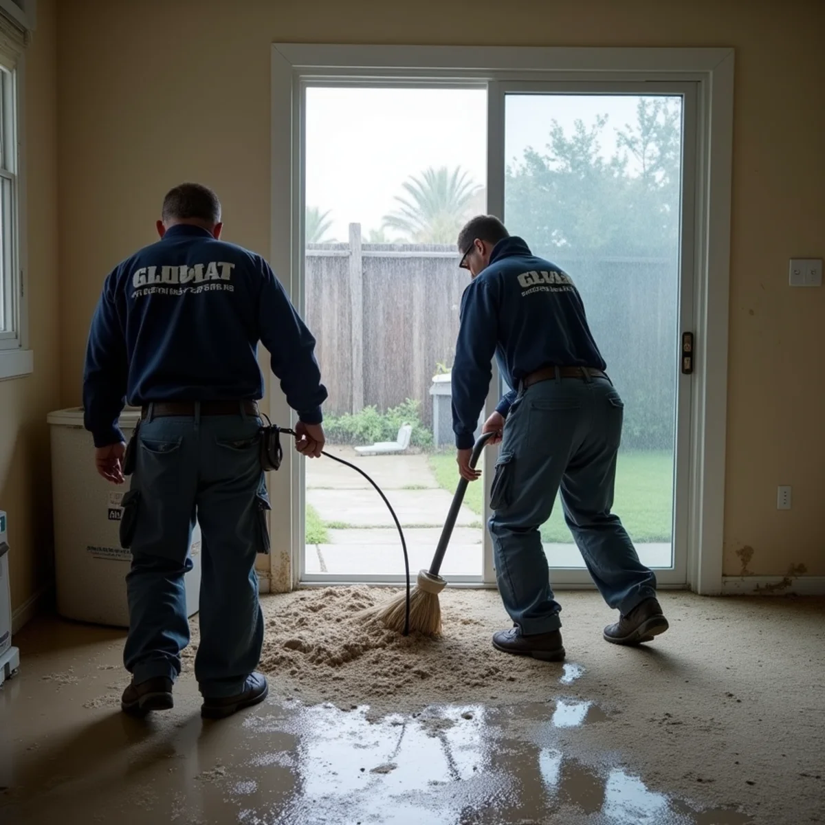 Flood cleanup crew removing storm floodwater from a Whittier, CA home after winter rain