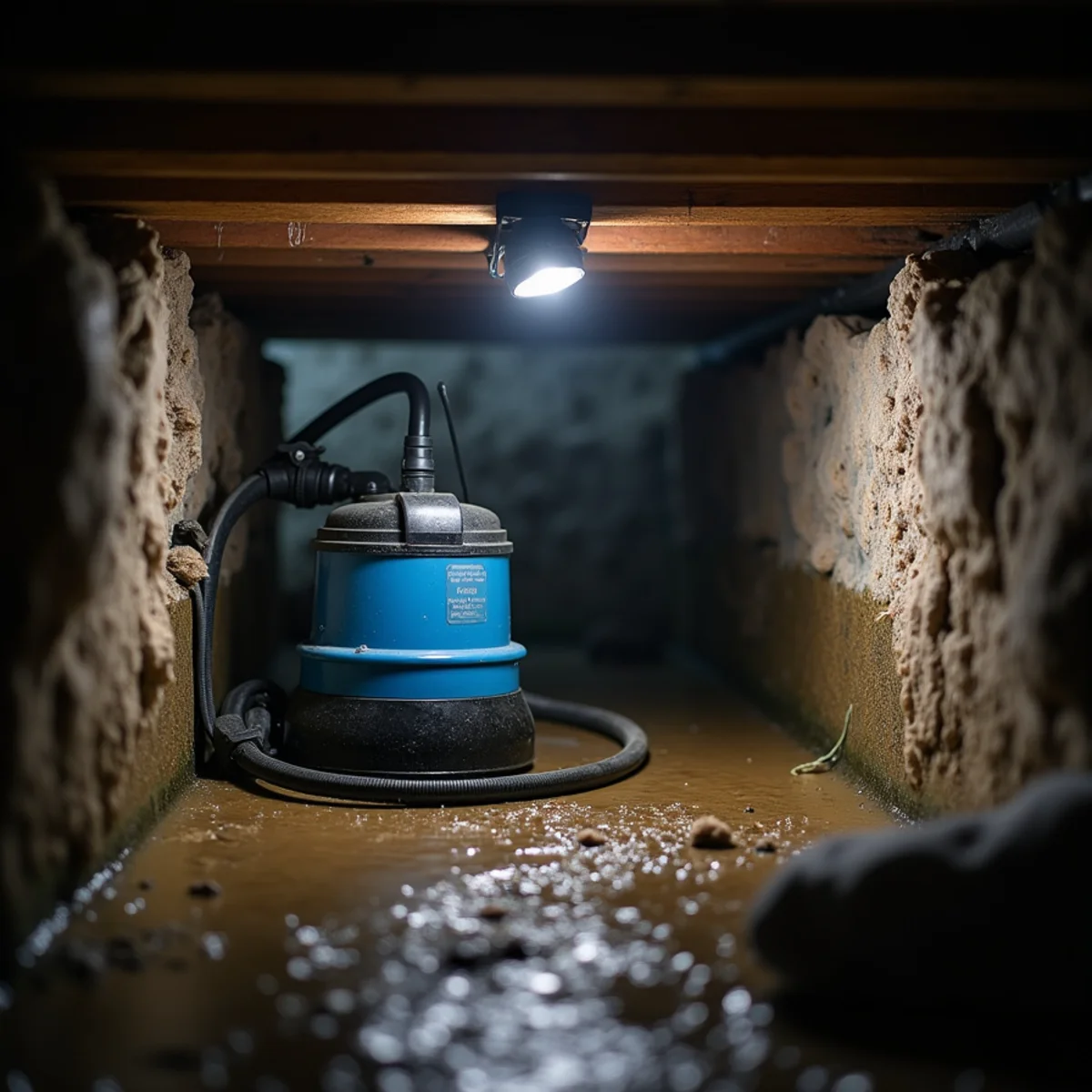 Technician pumping standing water out of a flooded crawl space beneath a Whittier, CA home