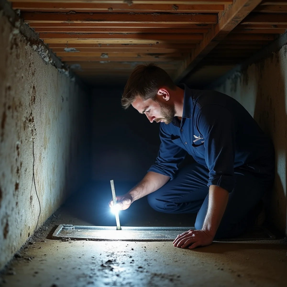 Technician kneeling at an open crawl space access hatch measuring standing water depth with a marked rod before pumping