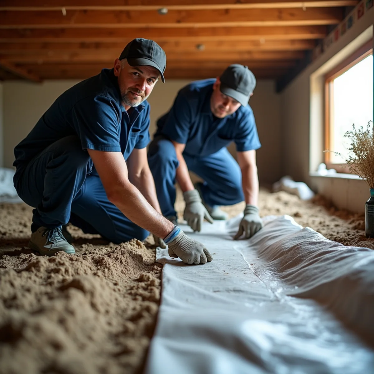 Fresh vapor barrier being laid over dry crawl space soil with the contaminated old sheeting bagged beside the access