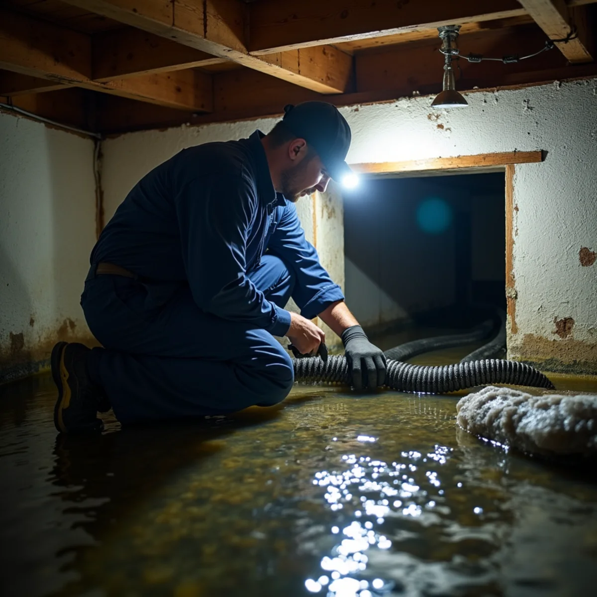 Technician pumping water out of a flooded crawl space beneath a Whittier, CA home
