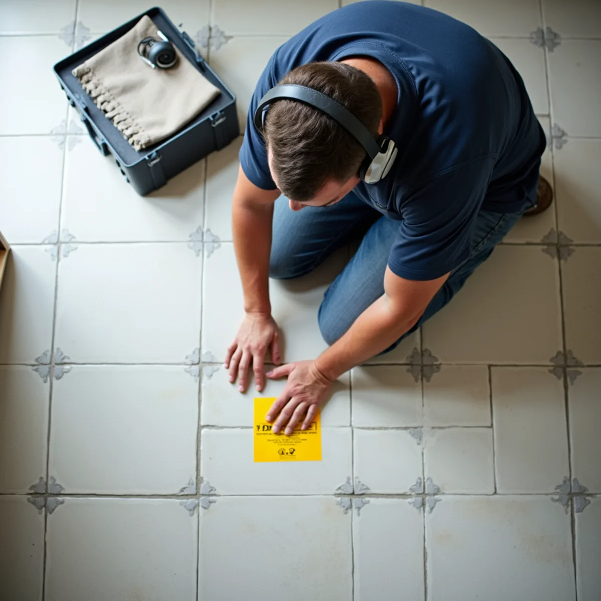 Technician using acoustic leak detection equipment on a tile slab floor in Whittier, CA