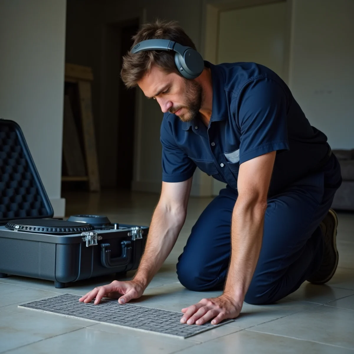 Technician wearing headphones pressing an acoustic listening disc to a tile floor