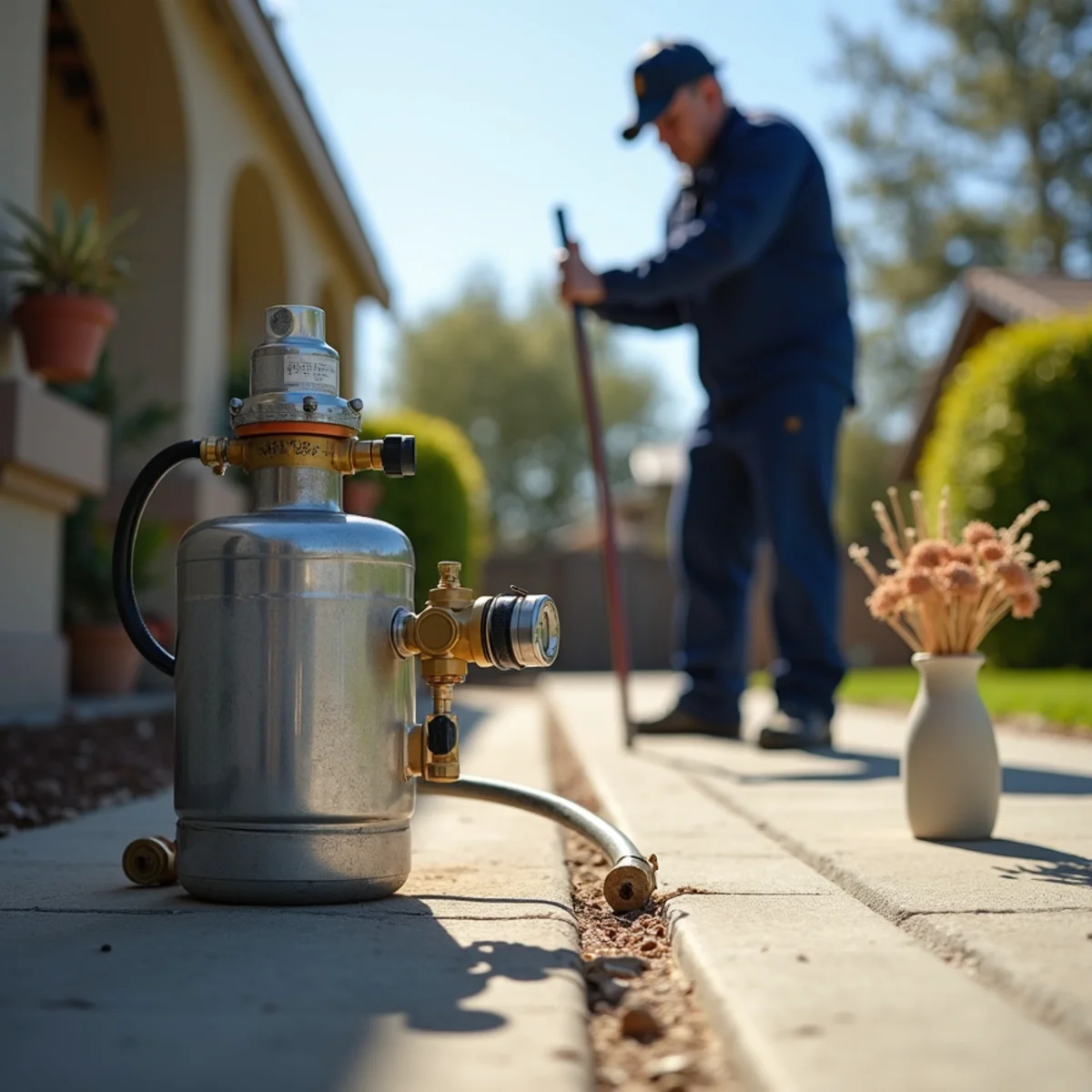 Tracer gas cylinder and regulator connected to an isolated supply line at a hose bib