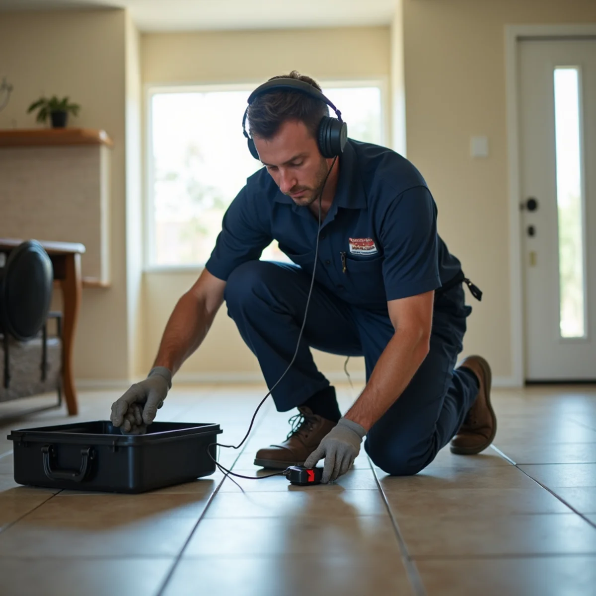 Technician using acoustic leak detection equipment on a slab floor in a Whittier, CA home