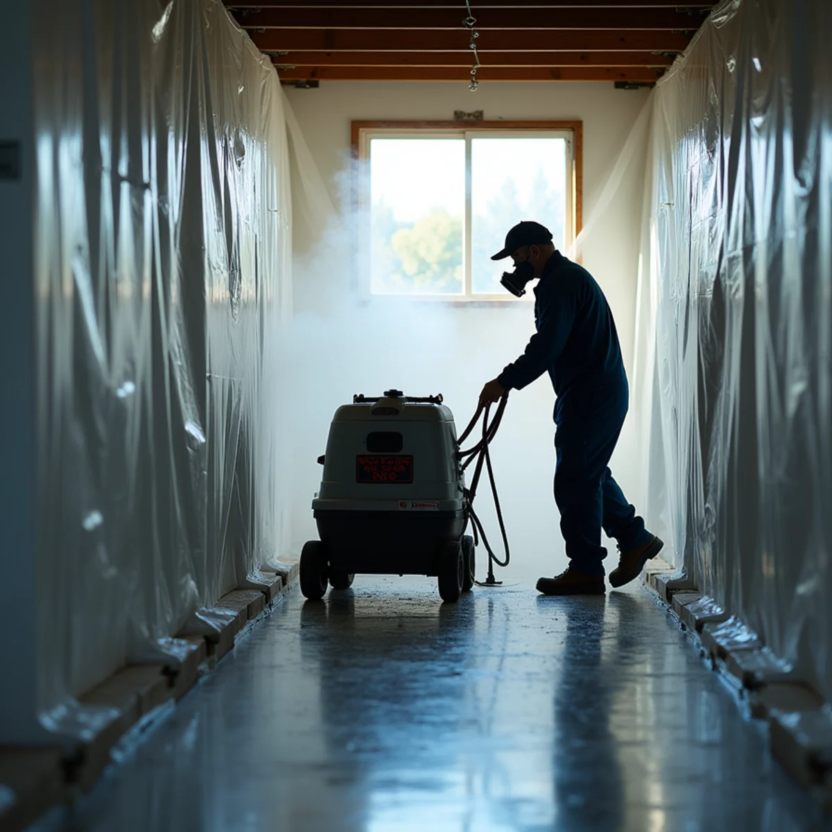 HEPA air scrubber running inside a sealed containment zone with poly walls and a zip entry