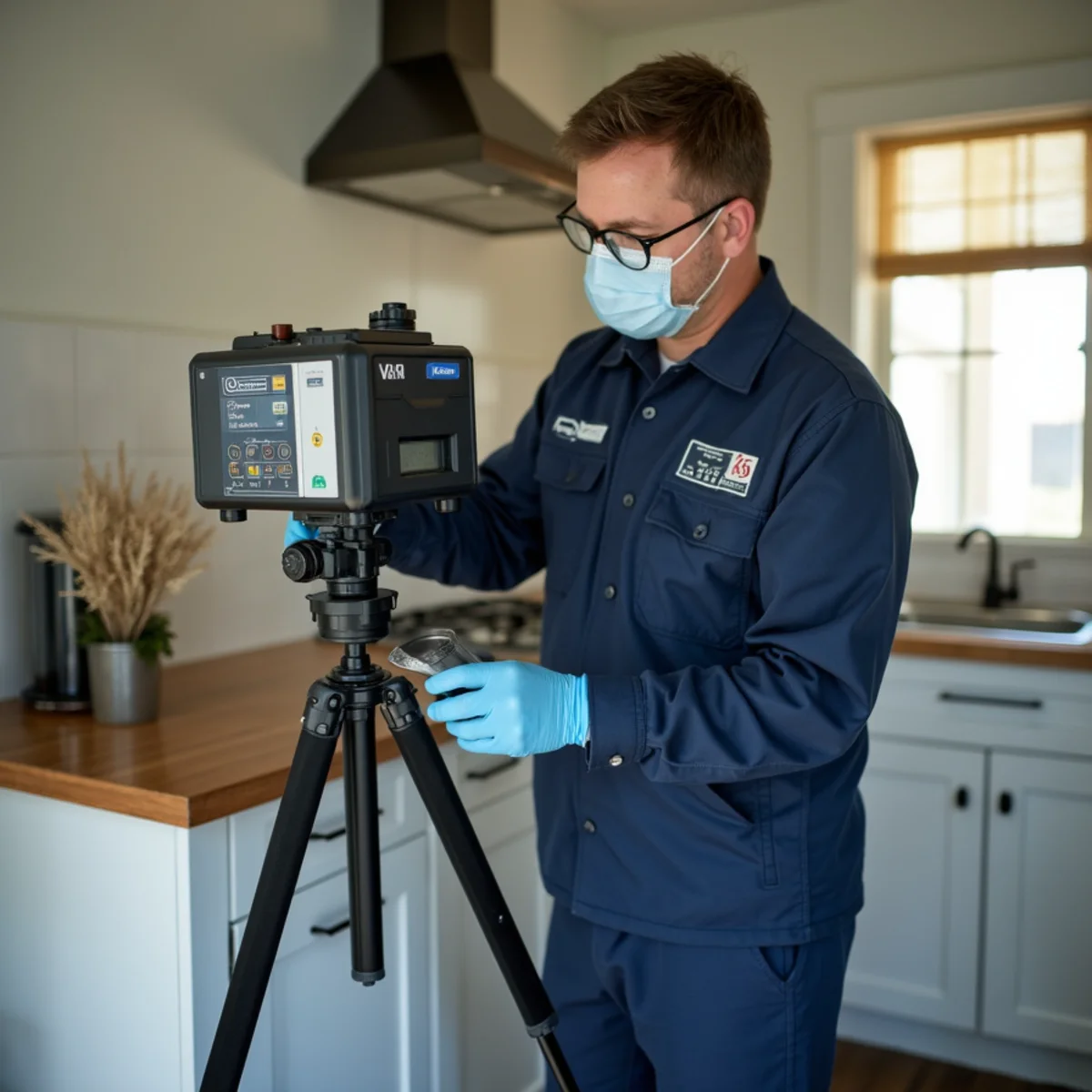 Independent hygienist taking a post-remediation air sample inside a cleaned containment area