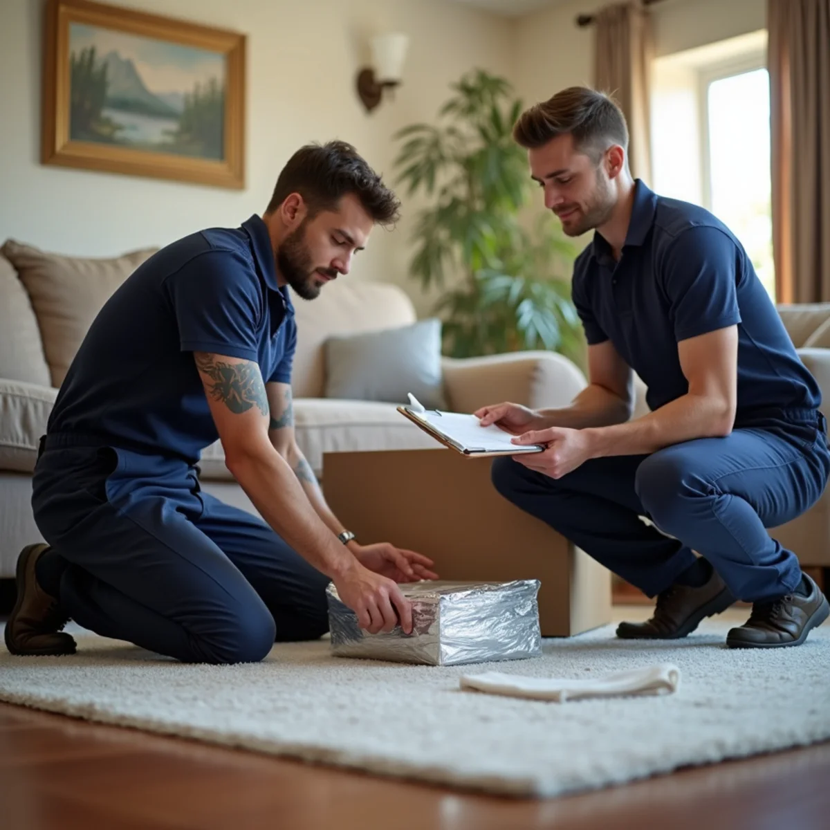 Restoration technician blocking up furniture and moving contents in a Whittier, CA family home