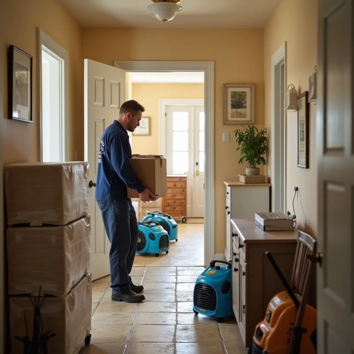 Residential water damage restoration crew working in a Whittier, CA family home