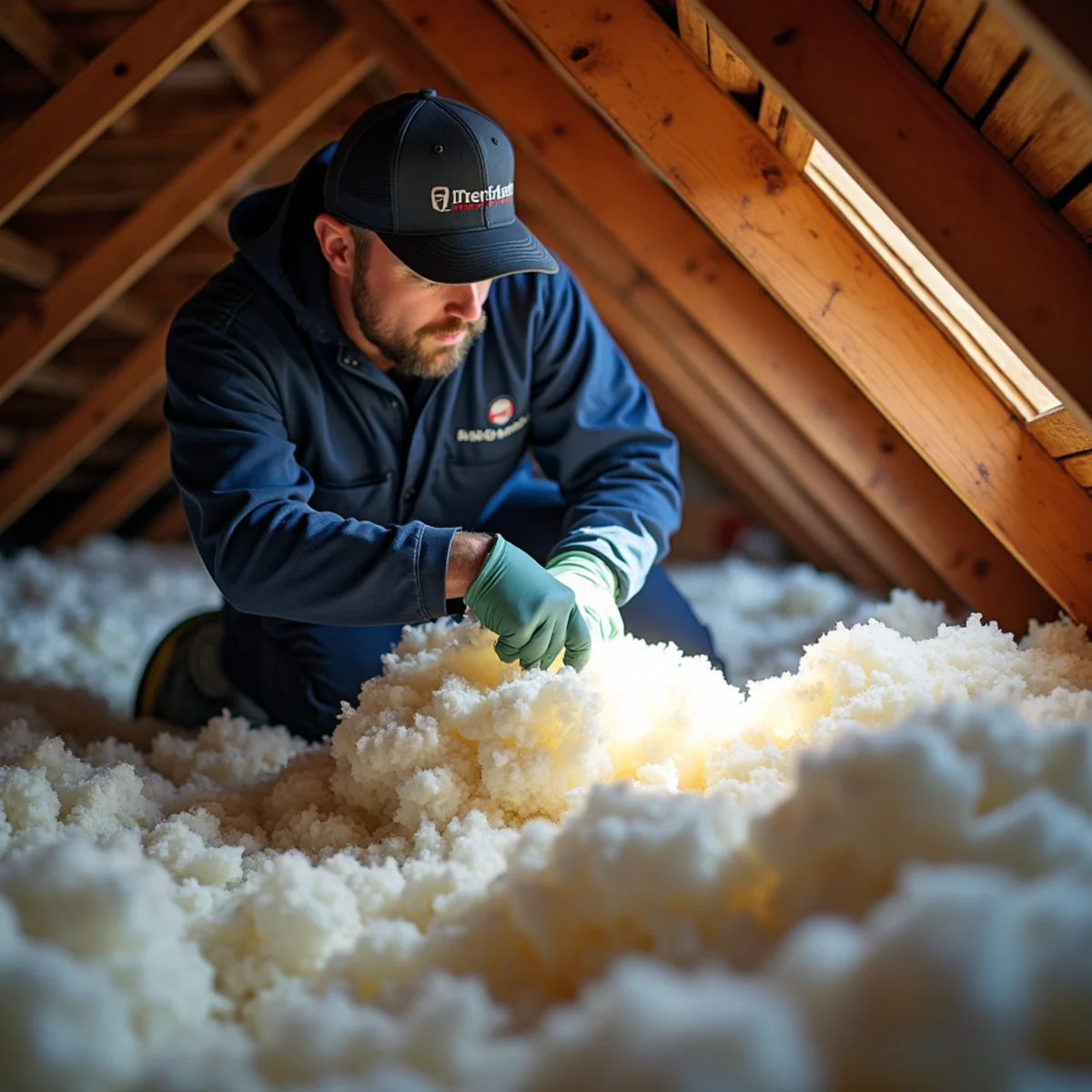 Saturated attic insulation being removed after a roof leak in a Whittier, CA home