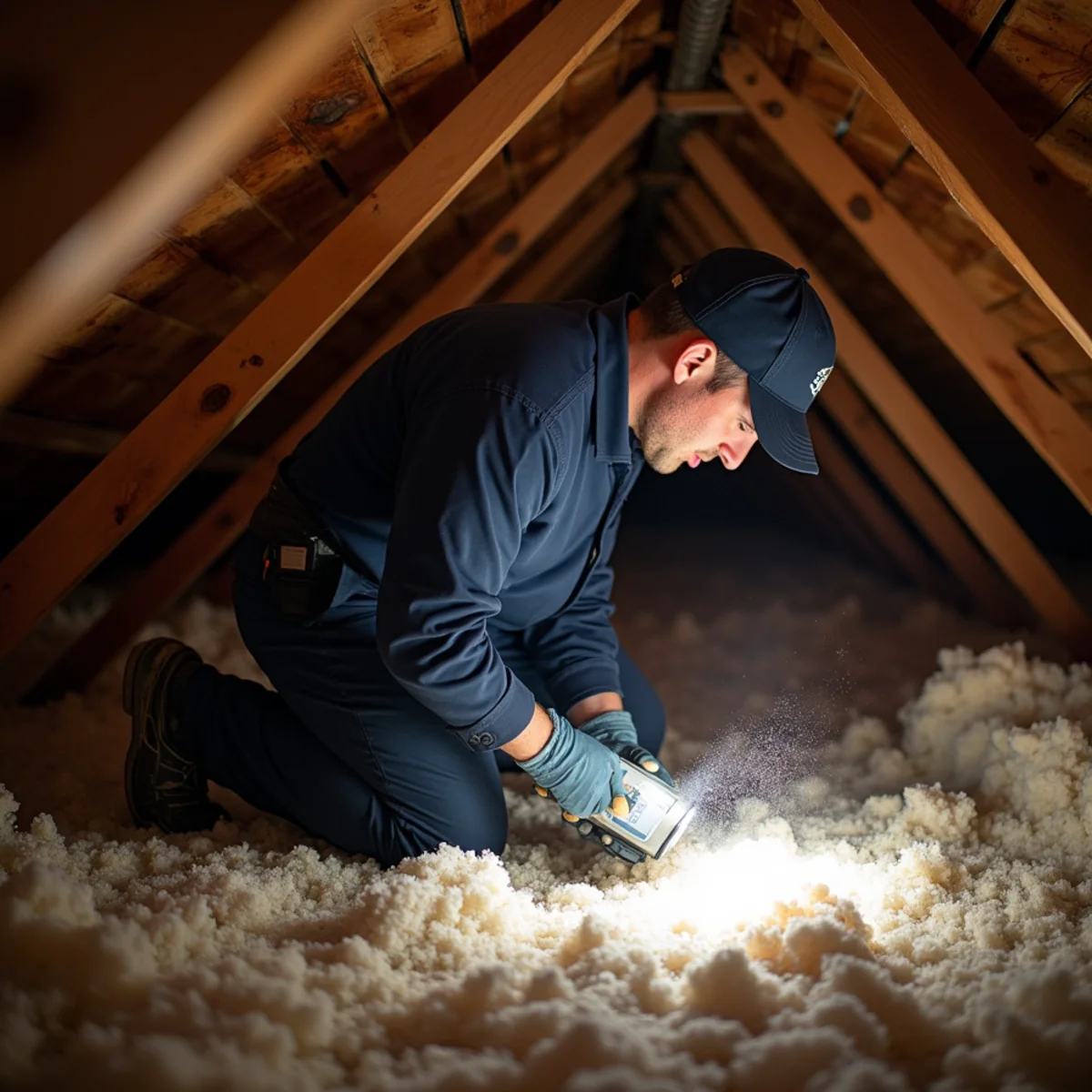 Technician in an attic following a wet rafter uphill with a work light and moisture meter