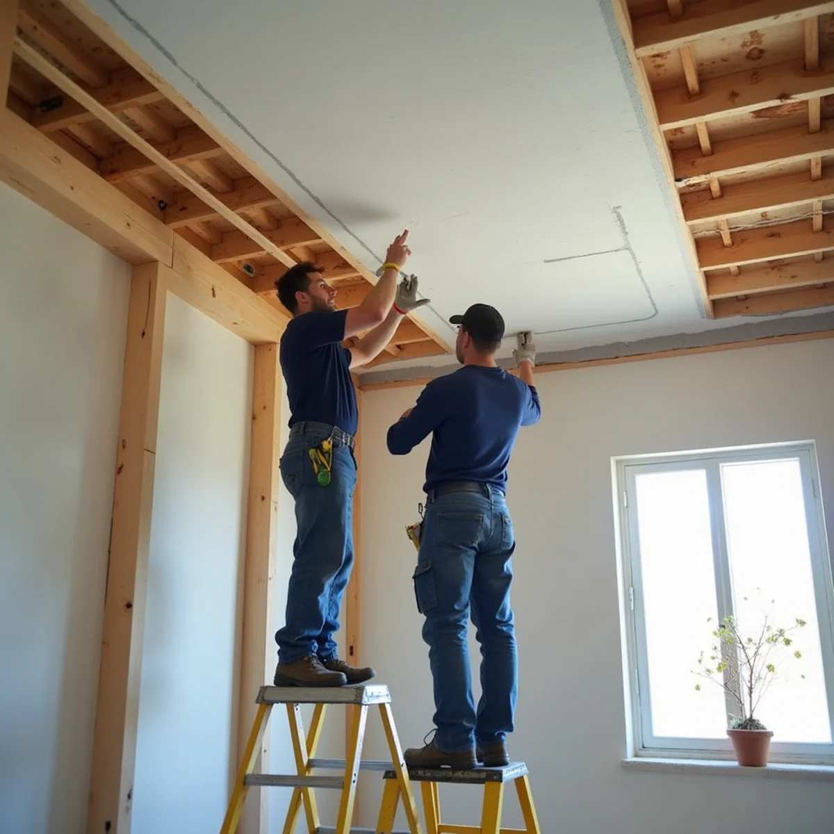 New drywall being fitted to a ceiling after wet insulation removal