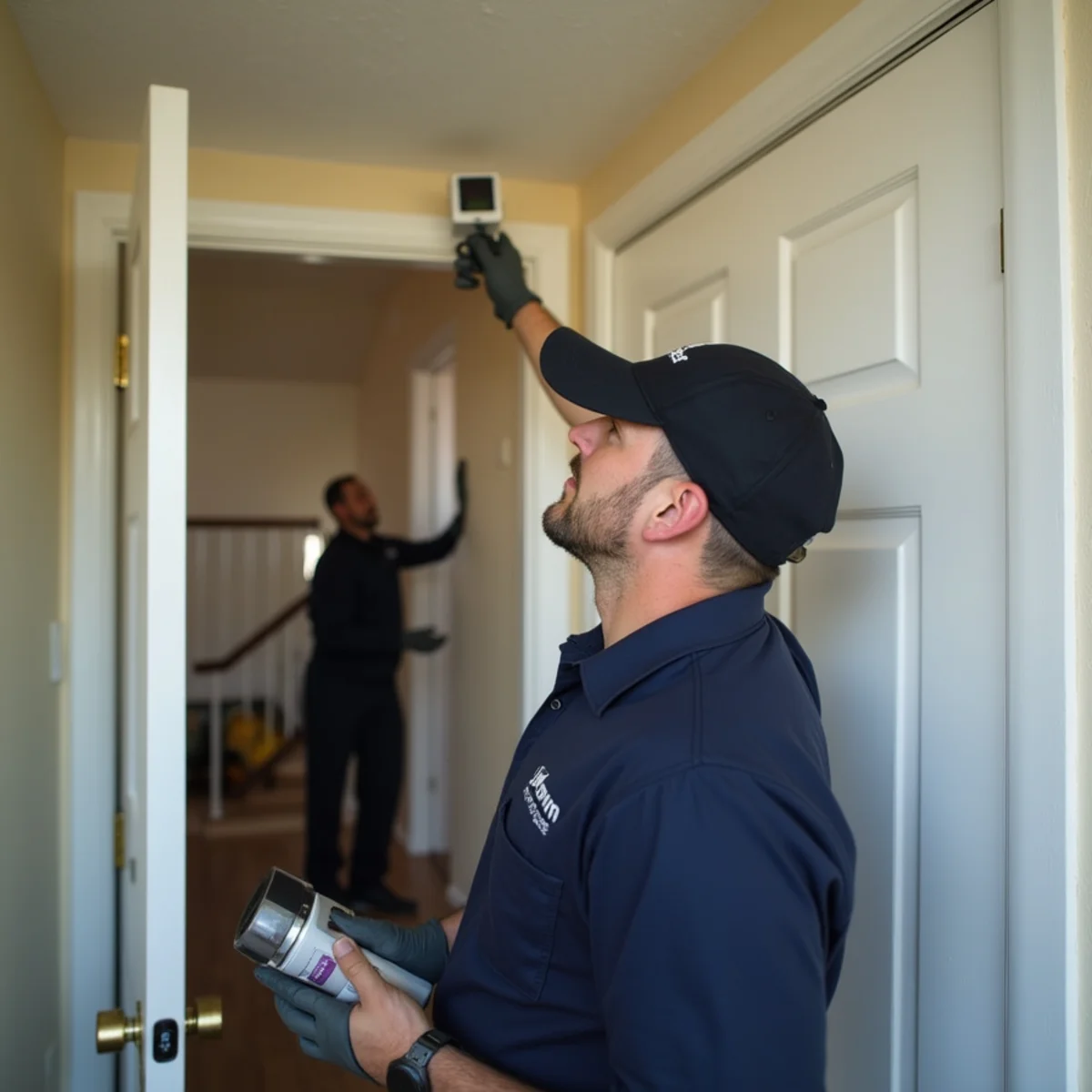 Technician taking ceiling moisture readings in a ground-floor apartment while equipment runs in the unit above