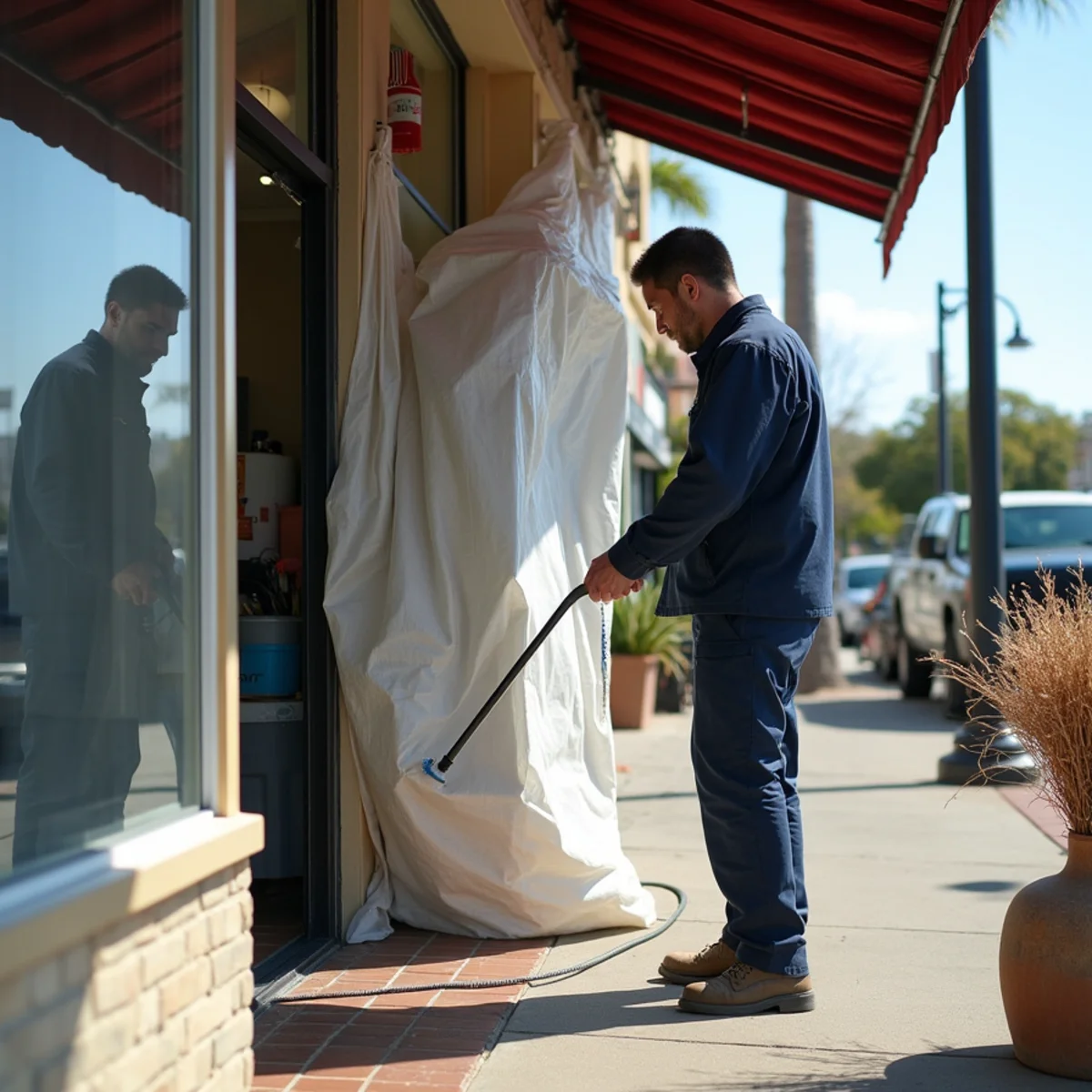 Small retail unit on a busy commercial boulevard with containment sheeting sealing off a damaged rear section while the