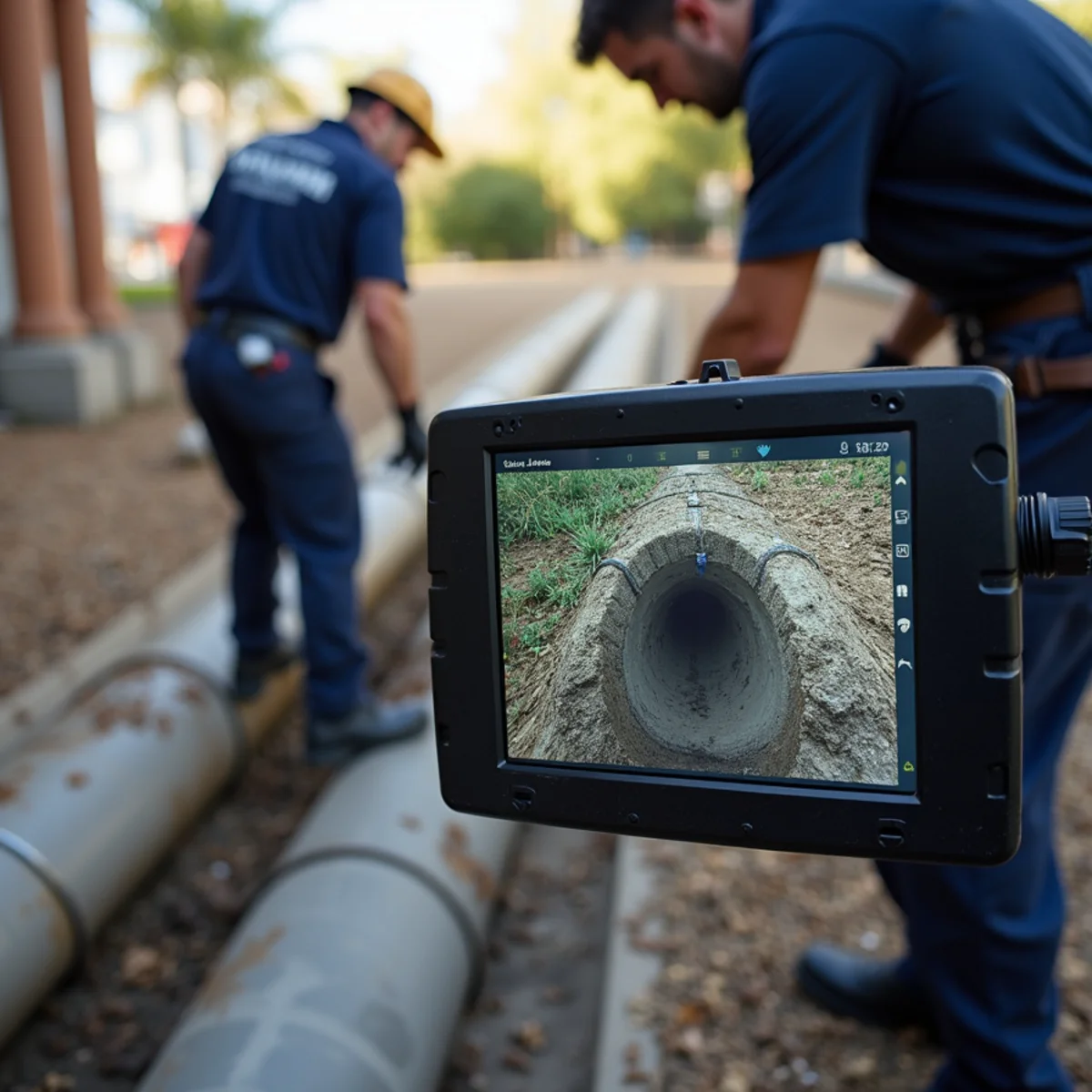 Drain camera monitor image of an offset clay pipe joint with soil intrusion