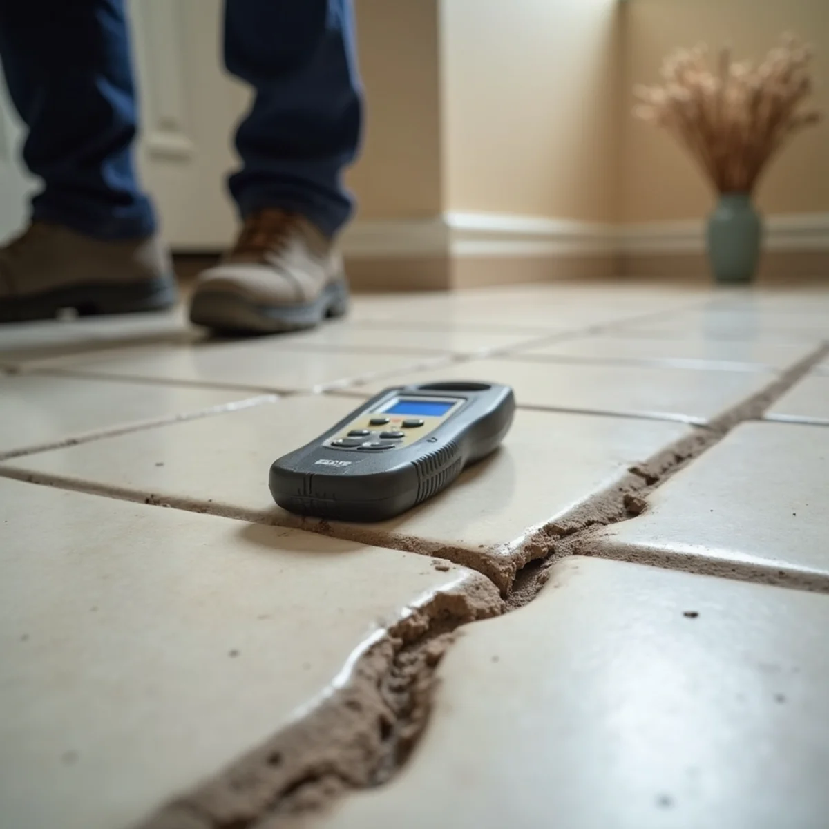 Hairline crack running across a tiled slab floor with a moisture meter placed beside it