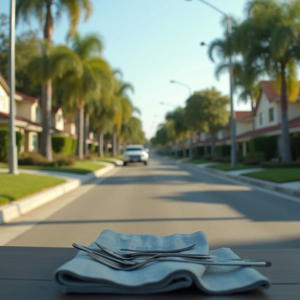 Uniform 1970s planned-community homes on a landscaped street in Cerritos, CA