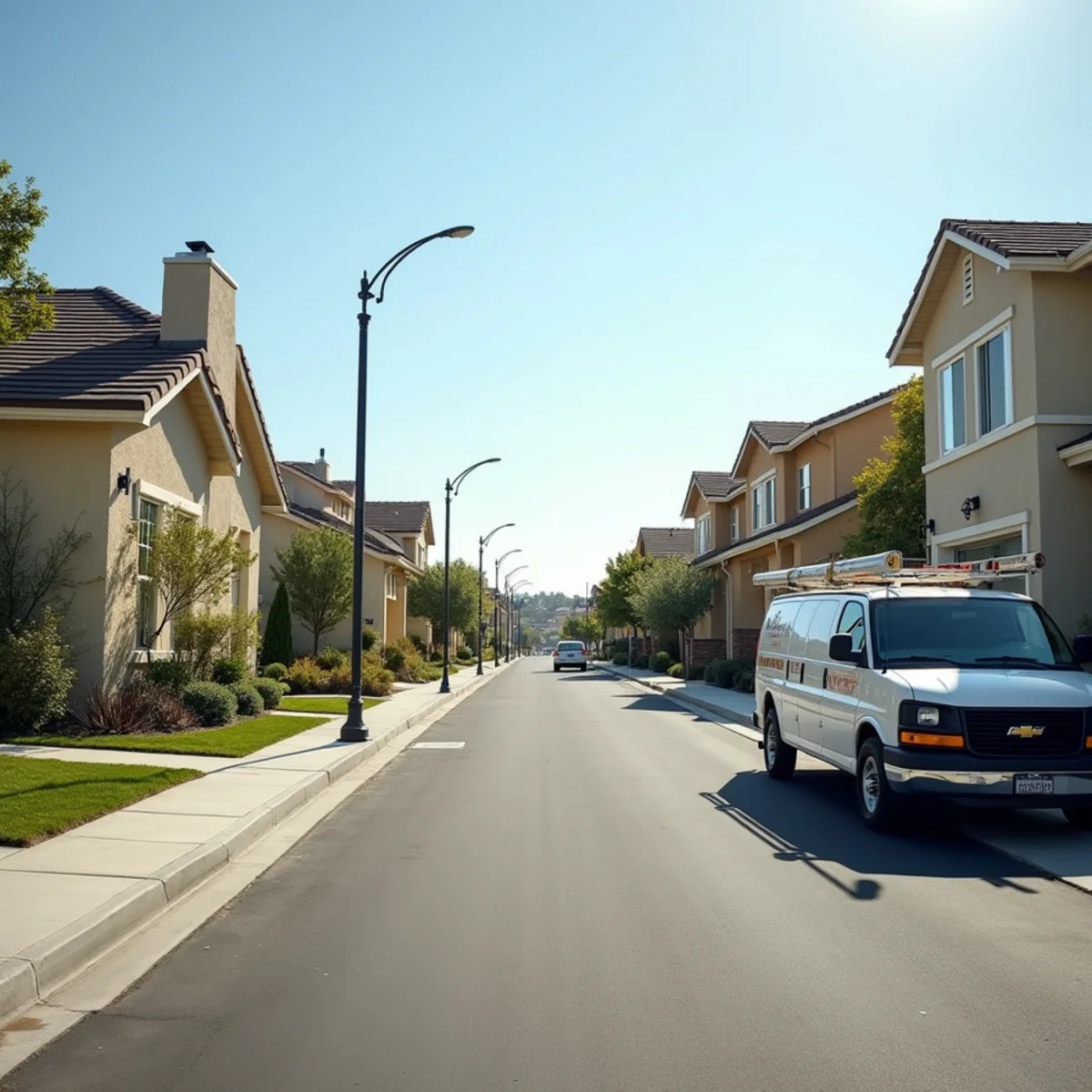 Planned-community street of near-identical 1970s homes with a plumbing contractor van parked outside one of them