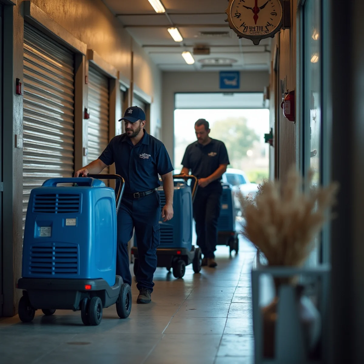 Restoration crew wheeling drying equipment through the service corridor of a retail unit after hours