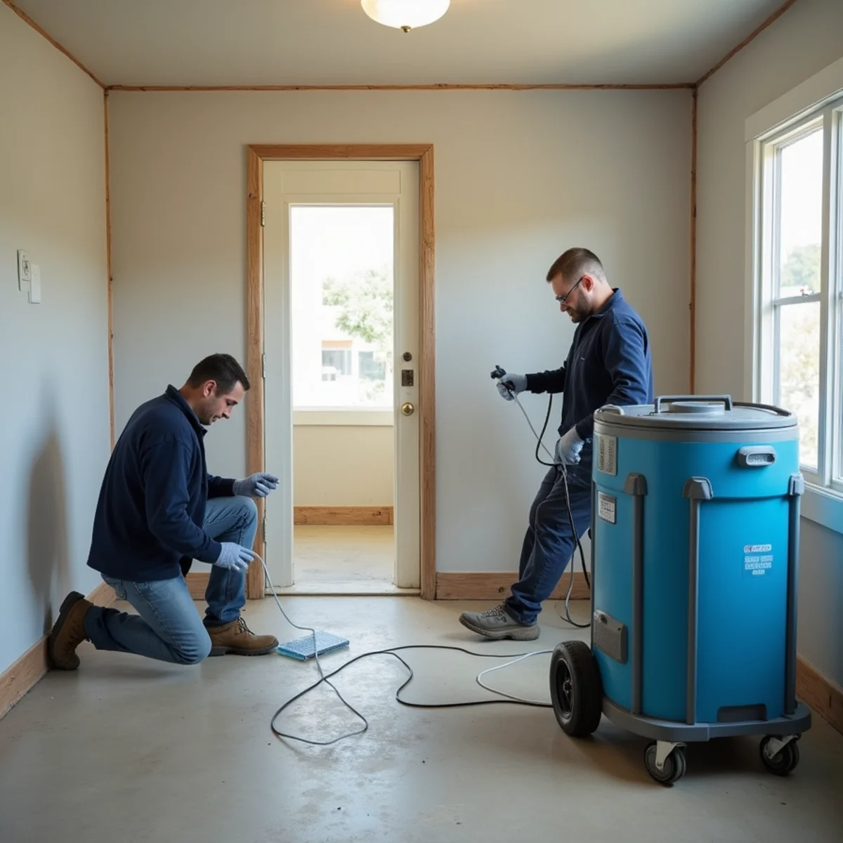 Containment barrier being built in an unoccupied room for scheduled mold remediation