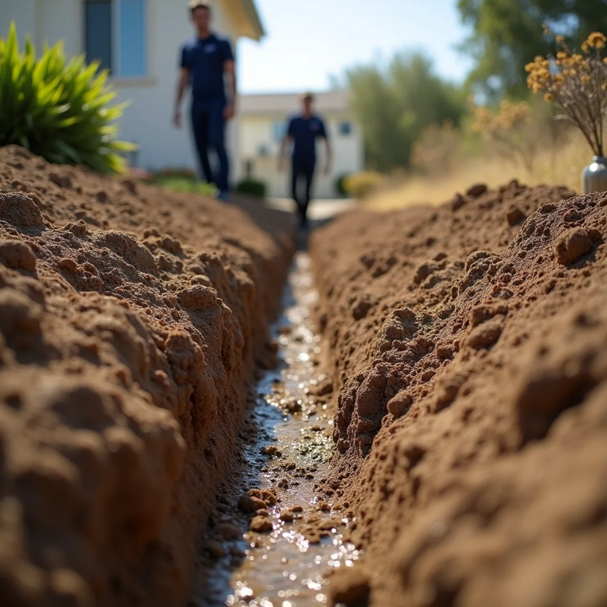 Engineered hillside drainage channels beside a 1990s pad-built home