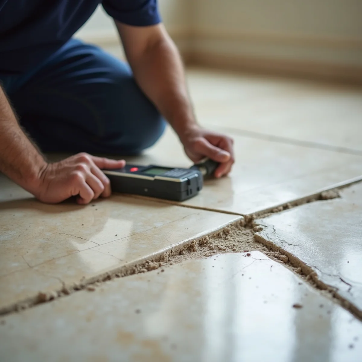 Lifted and cracked section of tile flooring over a slab in a Downey home with a moisture meter resting beside it