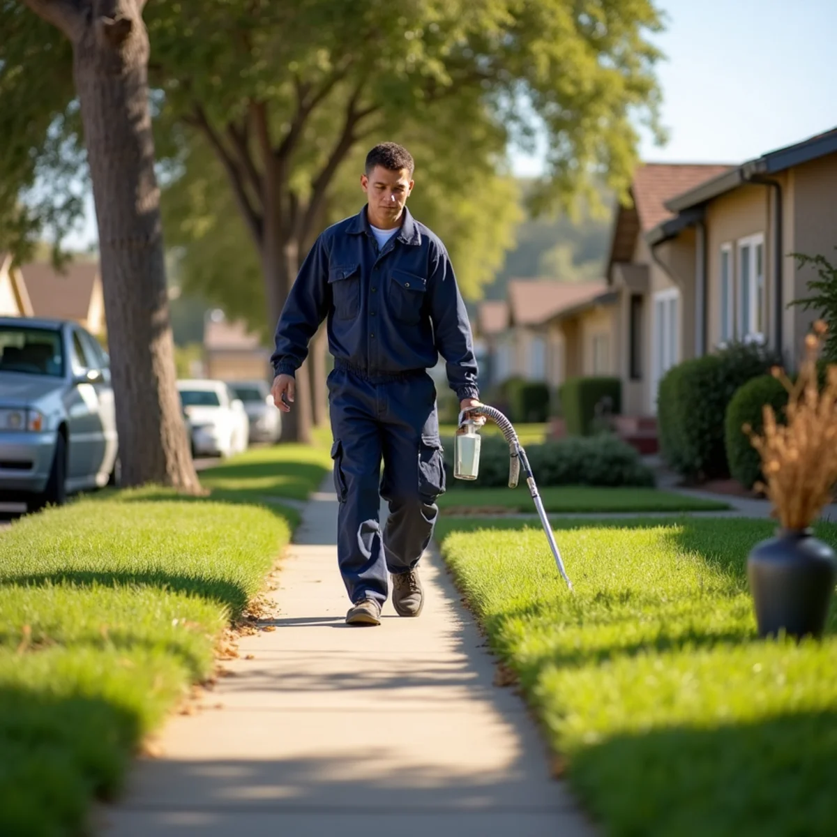 Street of 1940s–50s post-war bungalows in Downey with deep lawns and detached garages