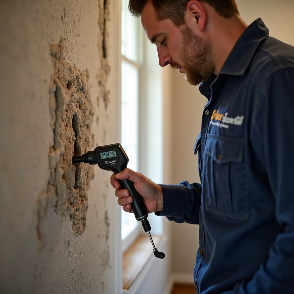 Moisture meter probe inserted through a small access hole into lath-and-plaster wall construction