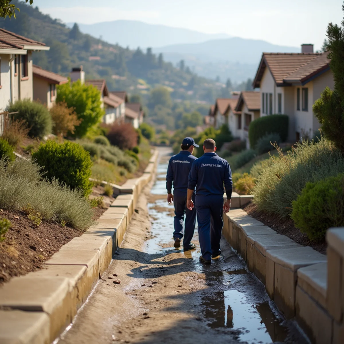 Hillside view homes with terrace drainage above the Puente Hills in Hacienda Heights, CA