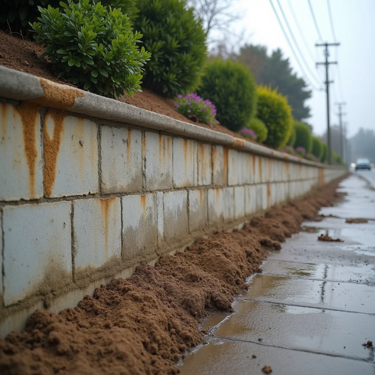Hillside retaining wall with efflorescence and a persistent damp line at its base