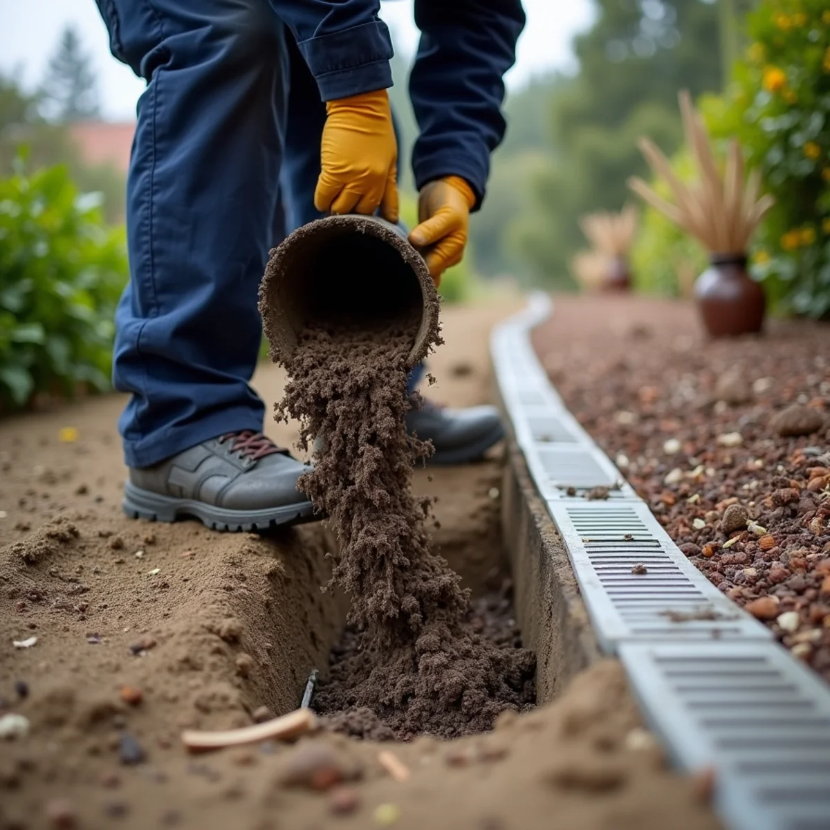 Technician lifting a silted terrace drain grate on a steep landscaped slope above a Hacienda Heights home