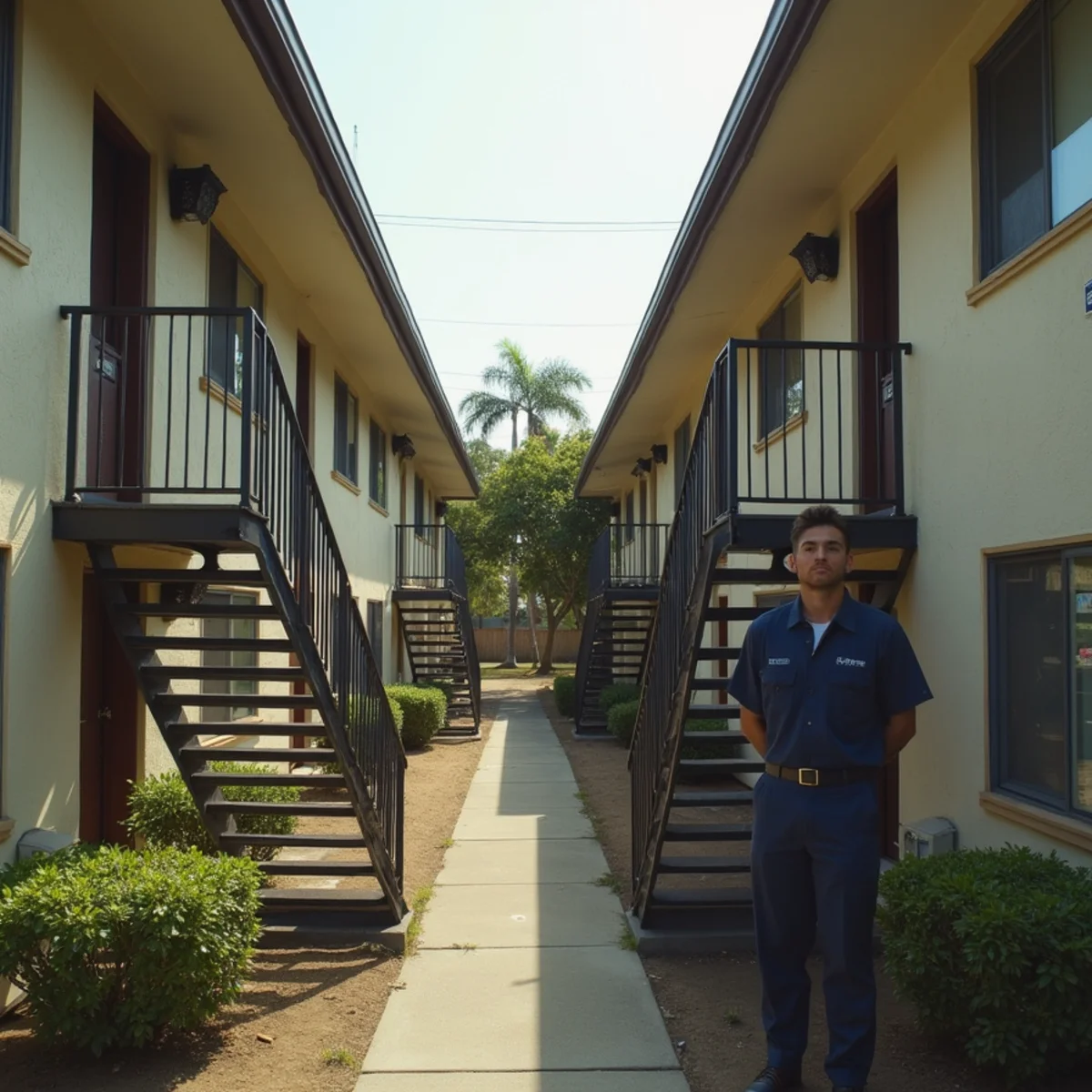Dense 1970s apartment buildings with shared plumbing stacks in Hawaiian Gardens, CA