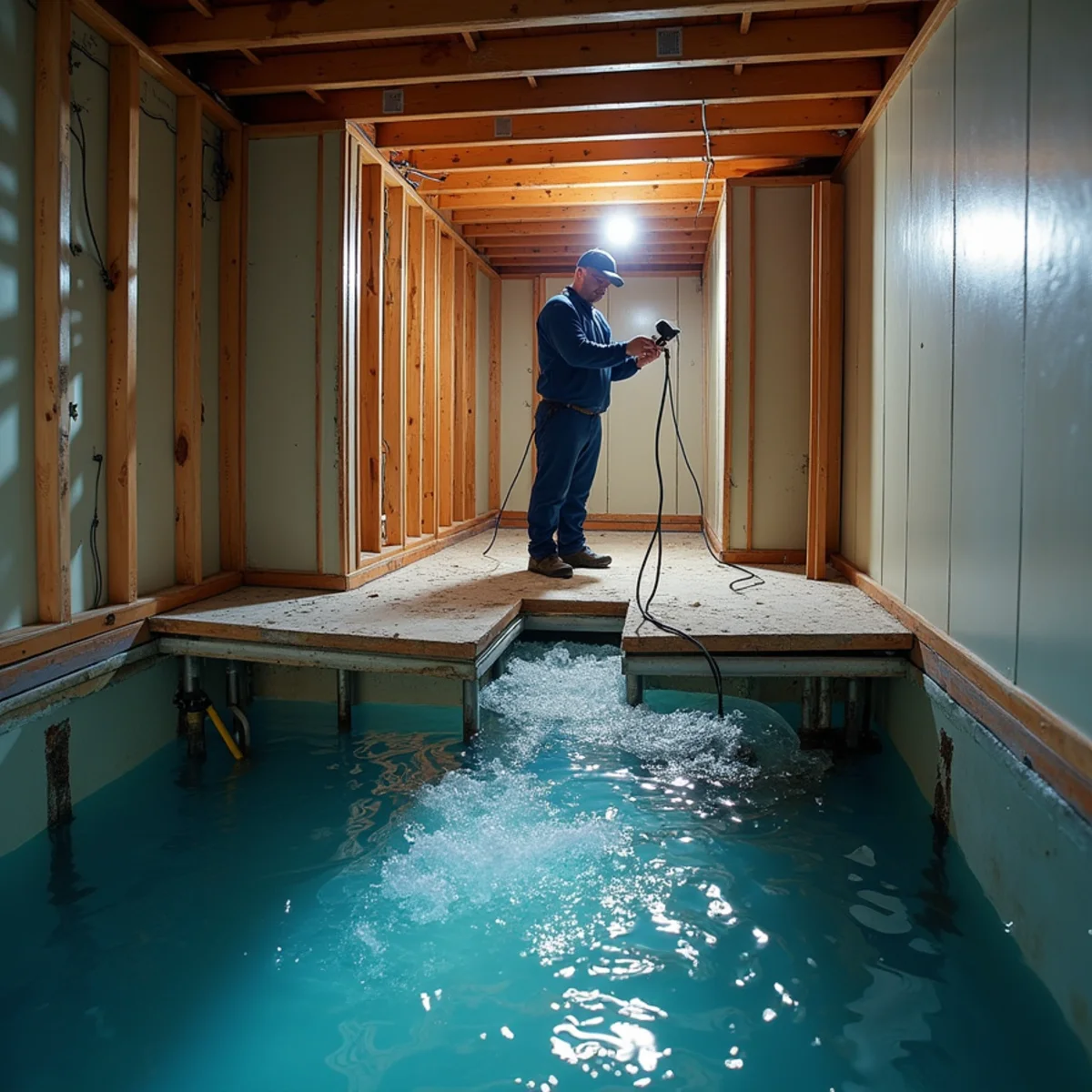Cross-section view of water tracking through a floor assembly between stacked apartments