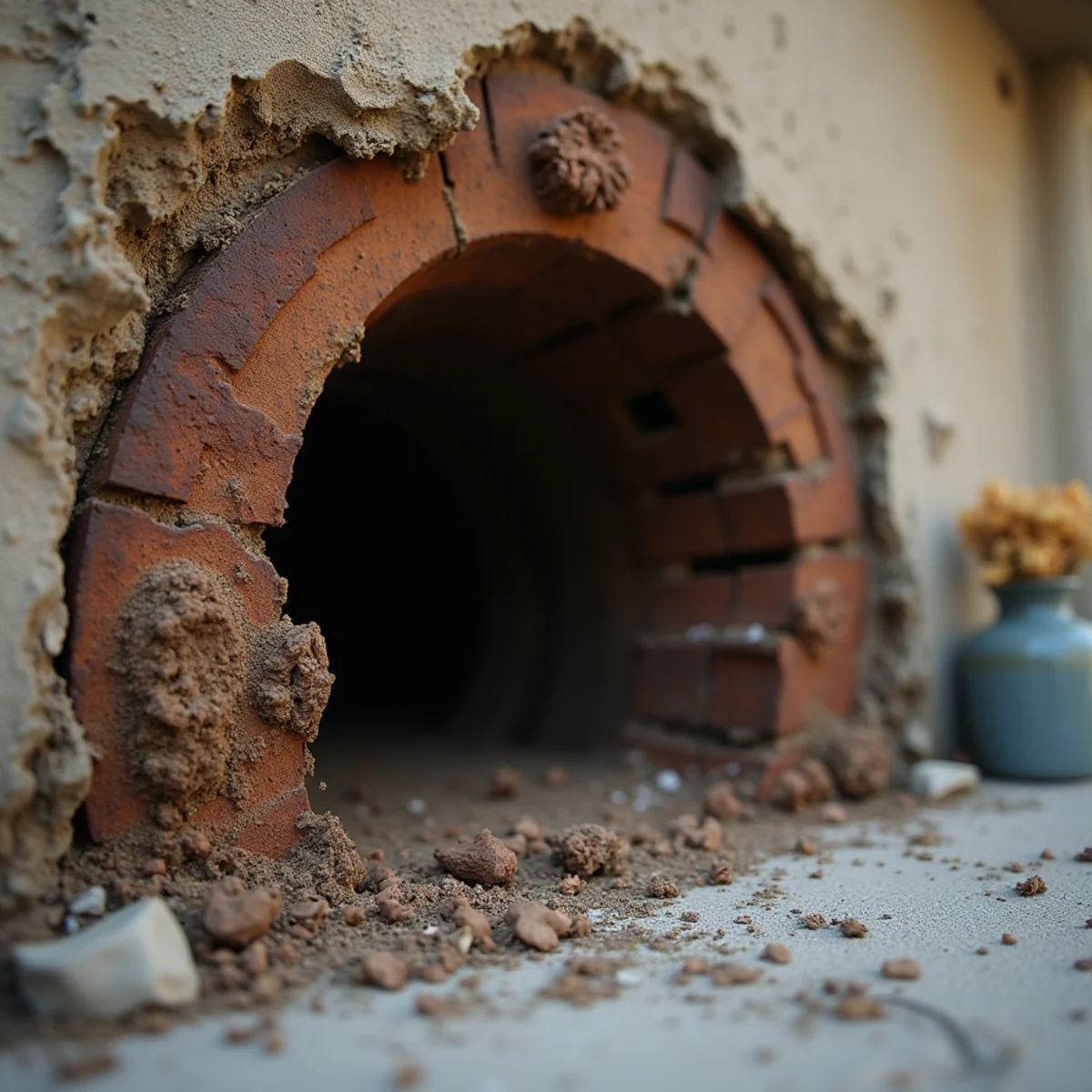 Corroded cast iron waste stack exposed in an opened apartment chase