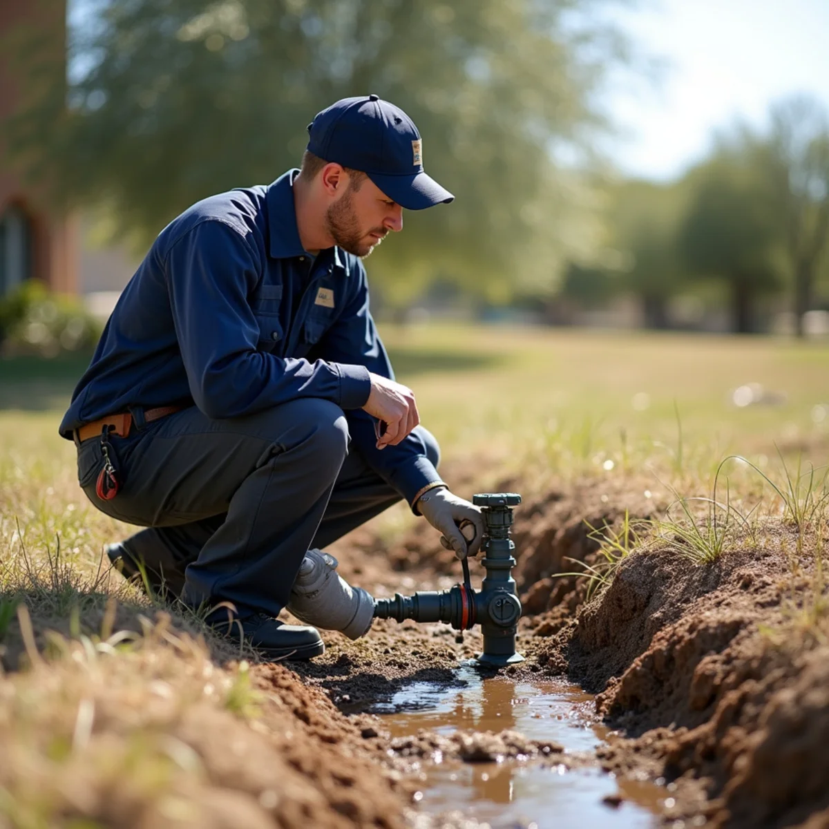 Technician kneeling beside an exposed irrigation manifold on a large estate property