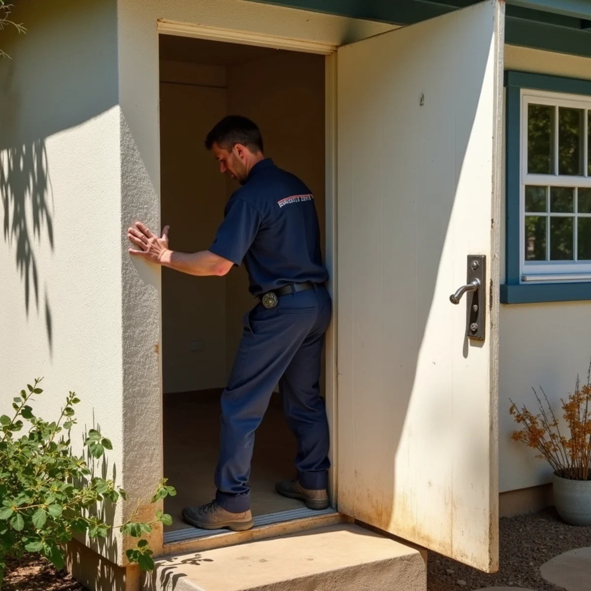Technician opening the door of a detached tack room on a hillside estate