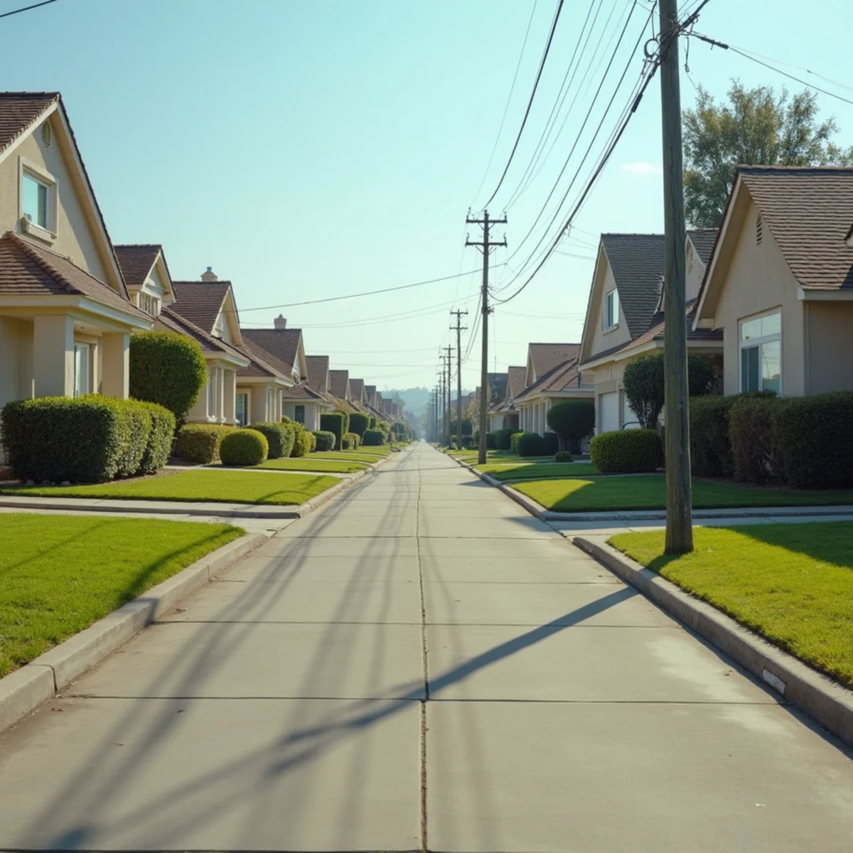 Straight flat residential street of uniform 1960s tract homes in La Habra